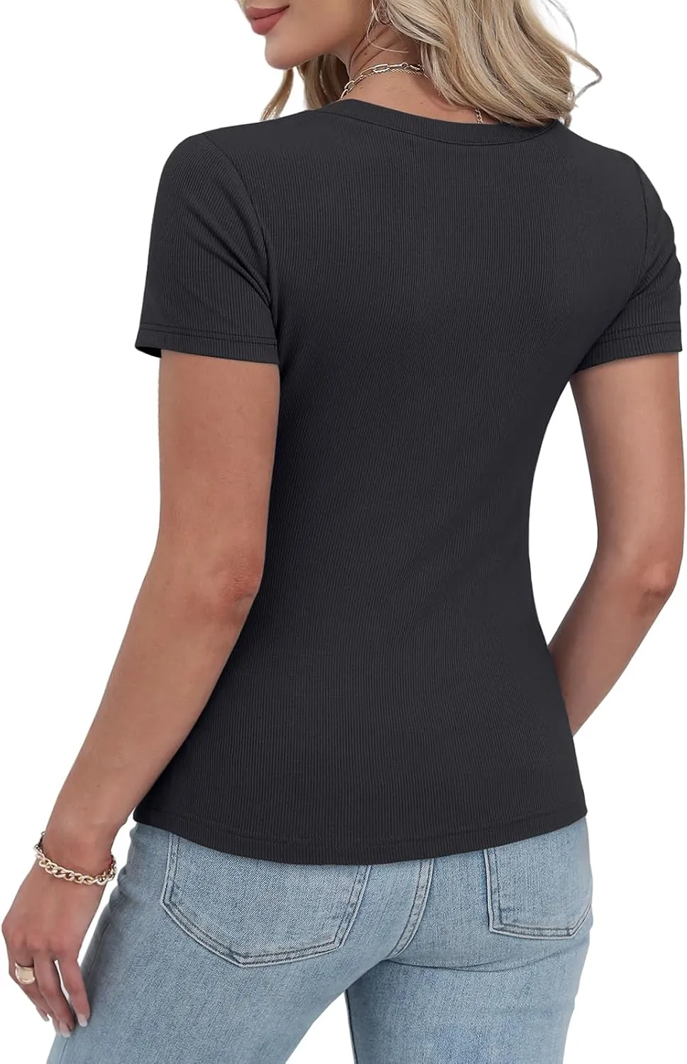 WIHOLL Women's Ribbed Knit Scoop Neck Tees Slim Fit Short Sleeve Tops Summer 2025 Trendy Basic Tshirts