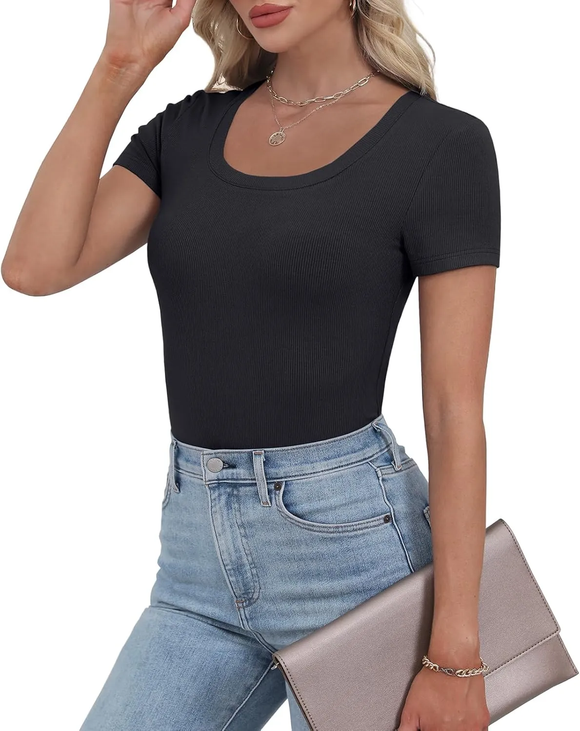 WIHOLL Women's Ribbed Knit Scoop Neck Tees Slim Fit Short Sleeve Tops Summer 2025 Trendy Basic Tshirts