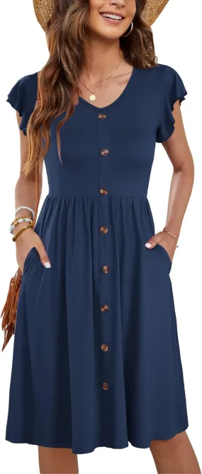 WNEEDU Women Summer Dresses Sleeveless Casual Loose Swing Button Down Midi Dress with Pockets