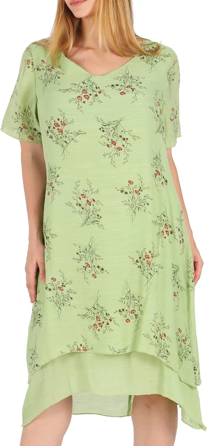 Women Casual Boho Floral Print Layers Cotton Linen Dress Irregular Bottom Loose Sundress