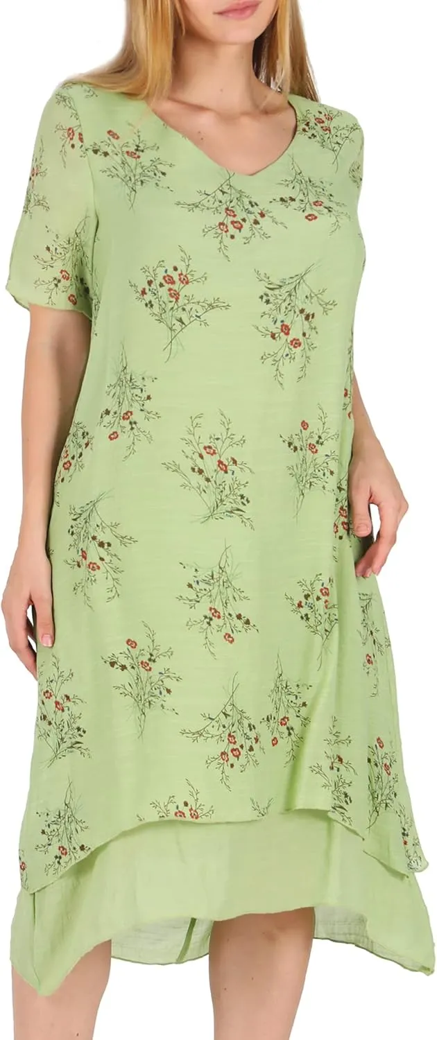 Women Casual Boho Floral Print Layers Cotton Linen Dress Irregular Bottom Loose Sundress