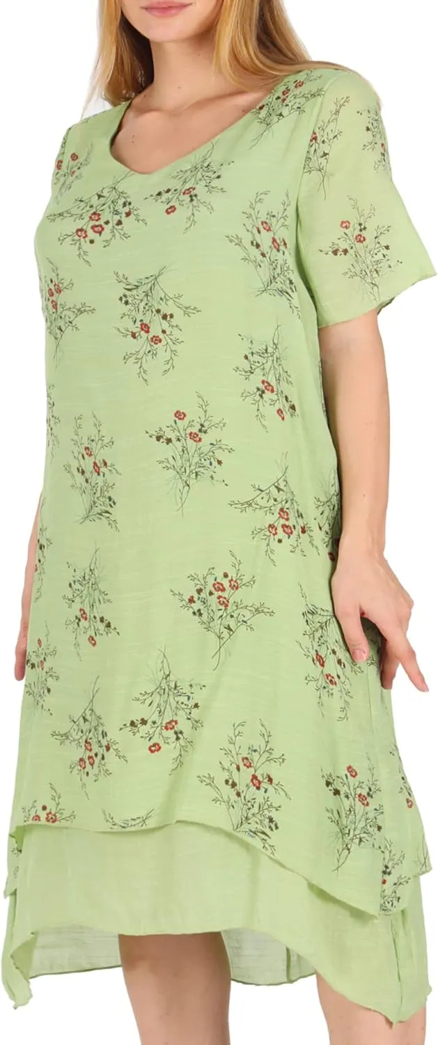 Women Casual Boho Floral Print Layers Cotton Linen Dress Irregular Bottom Loose Sundress