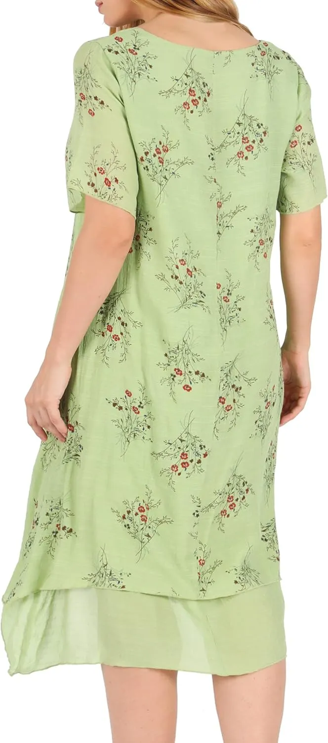 Women Casual Boho Floral Print Layers Cotton Linen Dress Irregular Bottom Loose Sundress