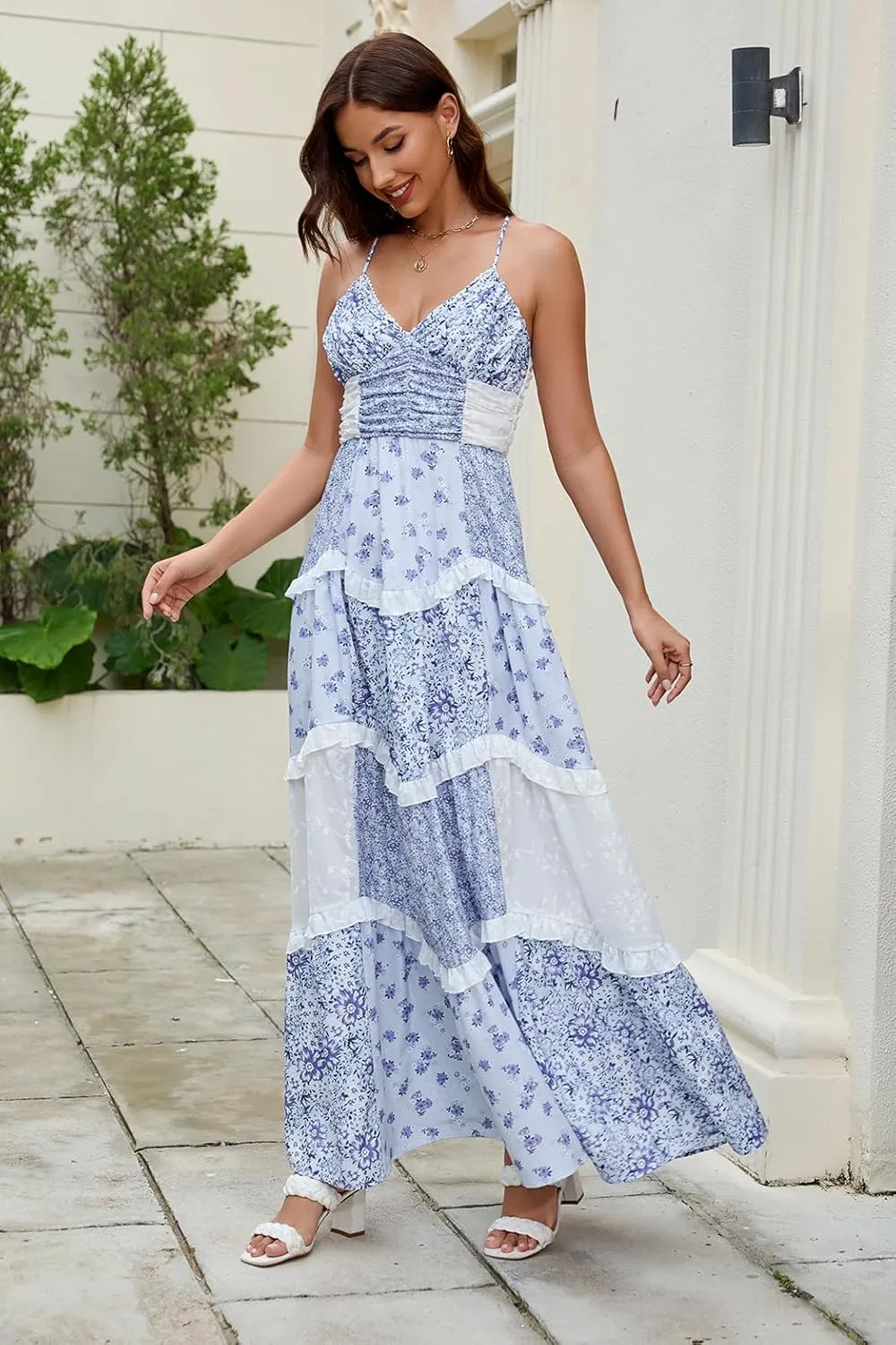 Women Floral Maxi Dress Spaghetti Straps V Neck Patchwork Flowy Boho Sundress Tiered Long Dresses