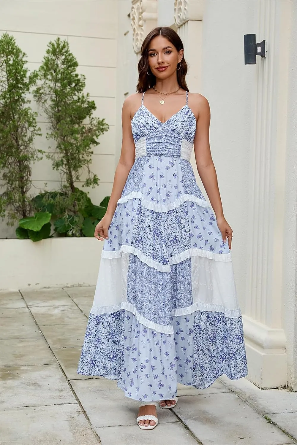 Women Floral Maxi Dress Spaghetti Straps V Neck Patchwork Flowy Boho Sundress Tiered Long Dresses
