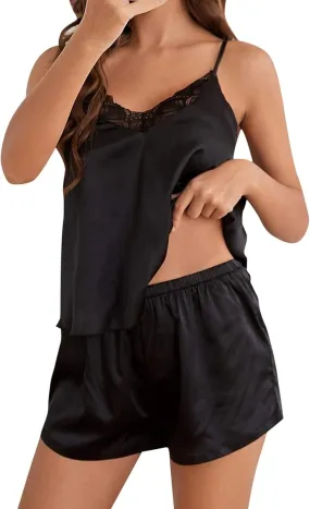 Women s Lounger House Dress Pajamas Sexy-Lingerie Satin Womens Lace Cami Top with Shorts and Lace Bralettes (Blue, XL) (Black-4, L)
