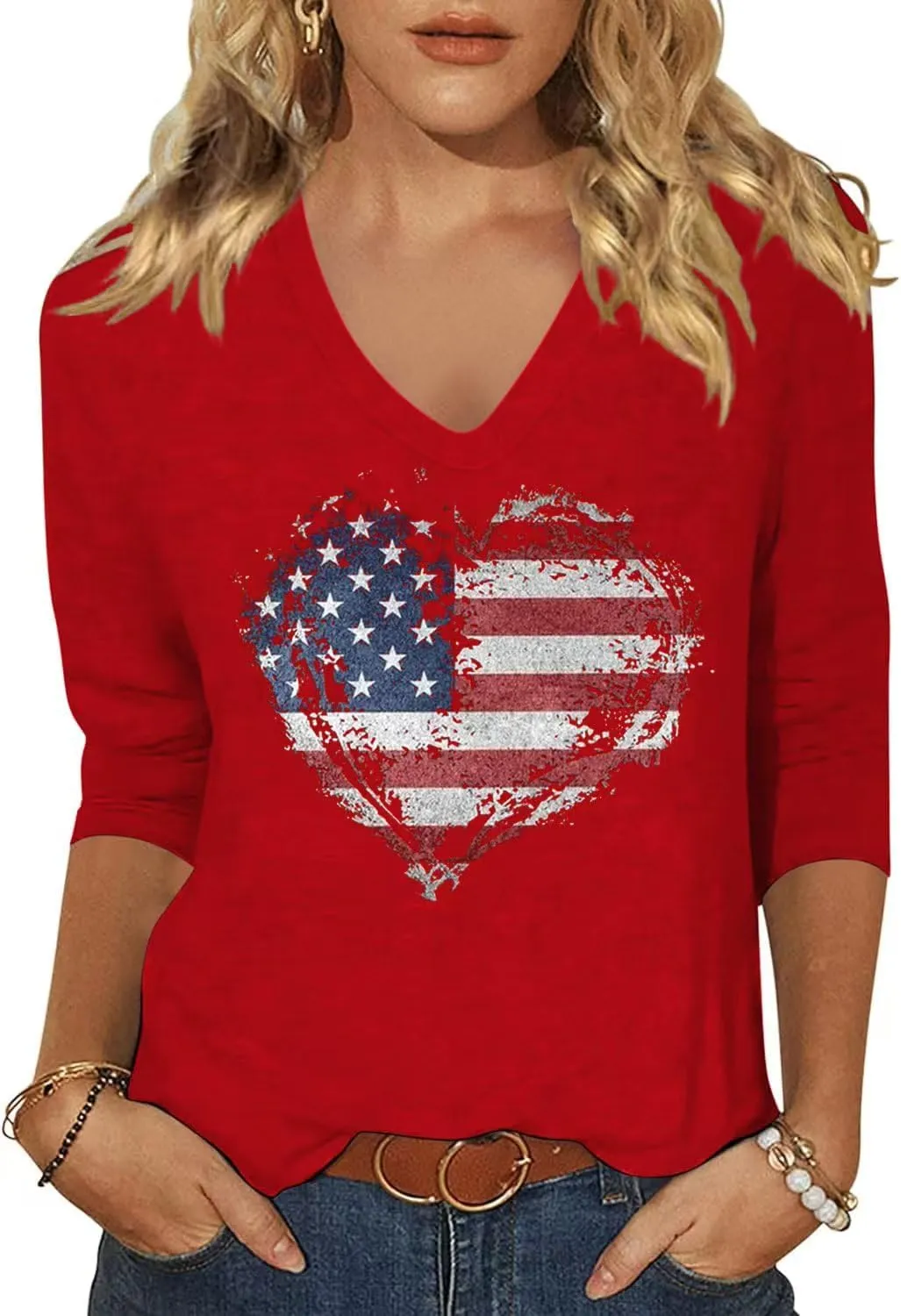 Womens 3/4 Sleeve V Neck Valentine T Shirts Love Heart Printed Graphic Tee Tops