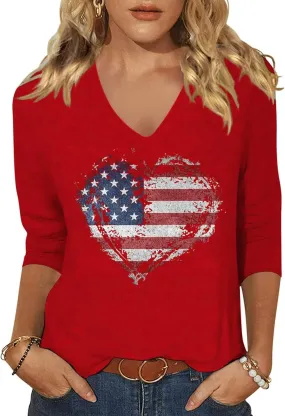 Womens 3/4 Sleeve V Neck Valentine T Shirts Love Heart Printed Graphic Tee Tops