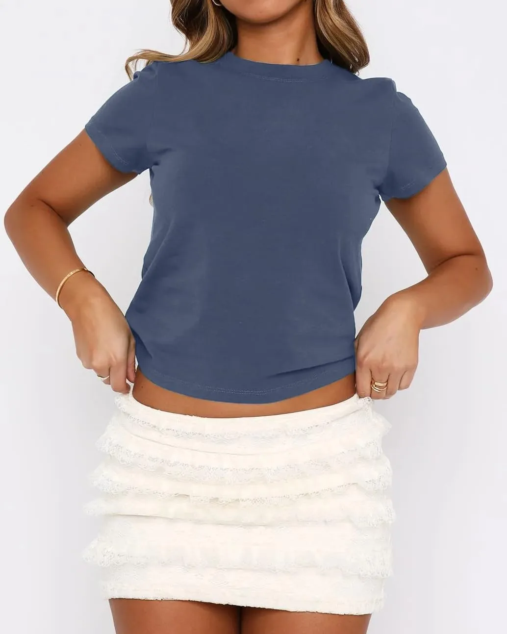 Women's Basic Summer Short Sleeve Crewneck T-Shirts Y2K Cute Going Out Tops Baby Tee
