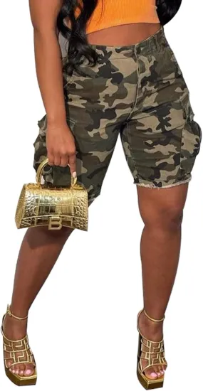 Women's Camo Cargo Shorts High Waisted Army Fatigue Shorts Camouflage Denim Short Pants Mid-Length