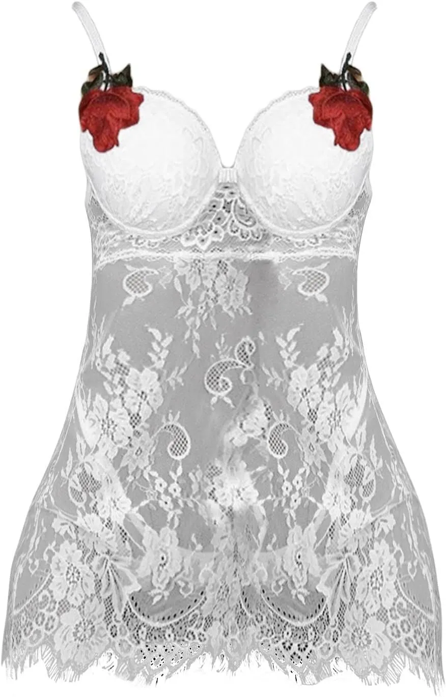 Womens Chemise Womens Lingerie Set Sexy Color Block Mesh Nightie Babydoll Lace Embroidered Sheer Dress Naughty Teddy