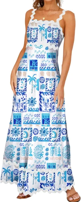 Women's Classy Sleeveless Lemon Print Maxi RIC Rac Dress