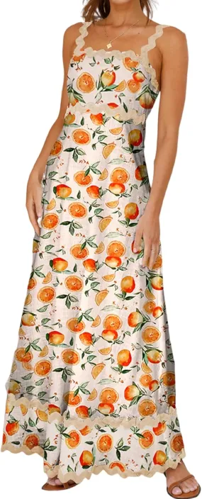 Women's Classy Sleeveless Lemon Print Maxi RIC Rac Dress