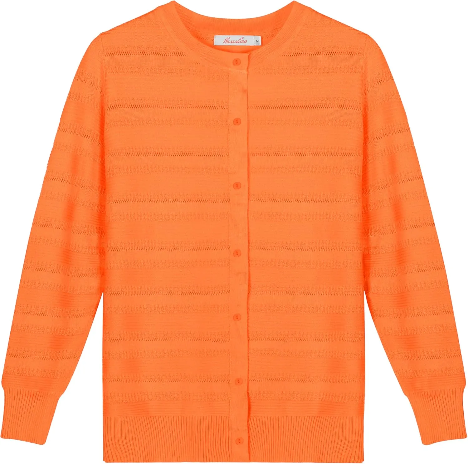 Women's Crew Neck Button Down Hollow Out Stripes Long Sleeve Cardigan Sweater