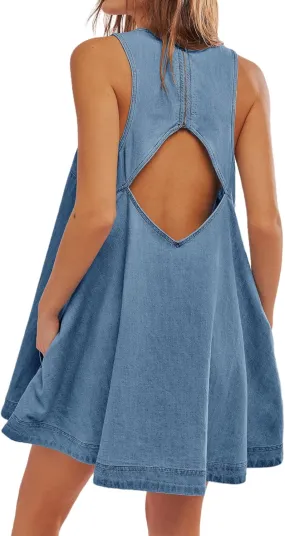 Women??s Denim Dress Summer Casual Sleeveless Jean Mini Dresses with Pockets