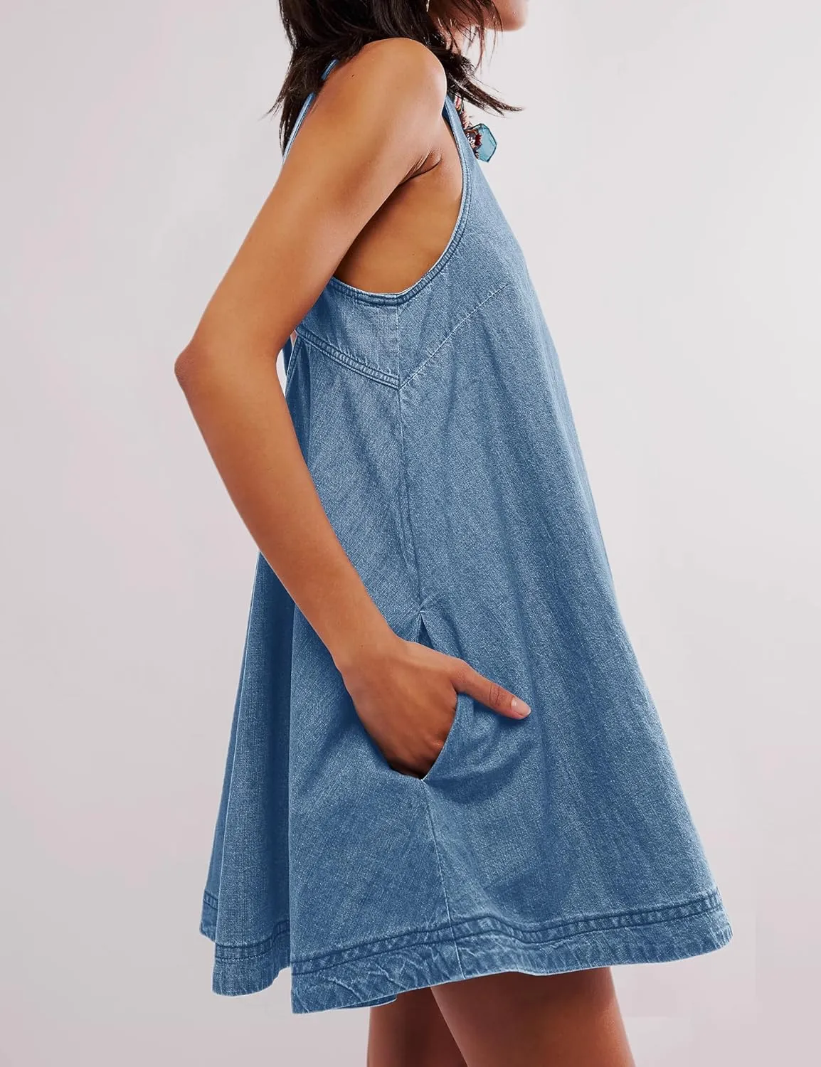 Women??s Denim Dress Summer Casual Sleeveless Jean Mini Dresses with Pockets