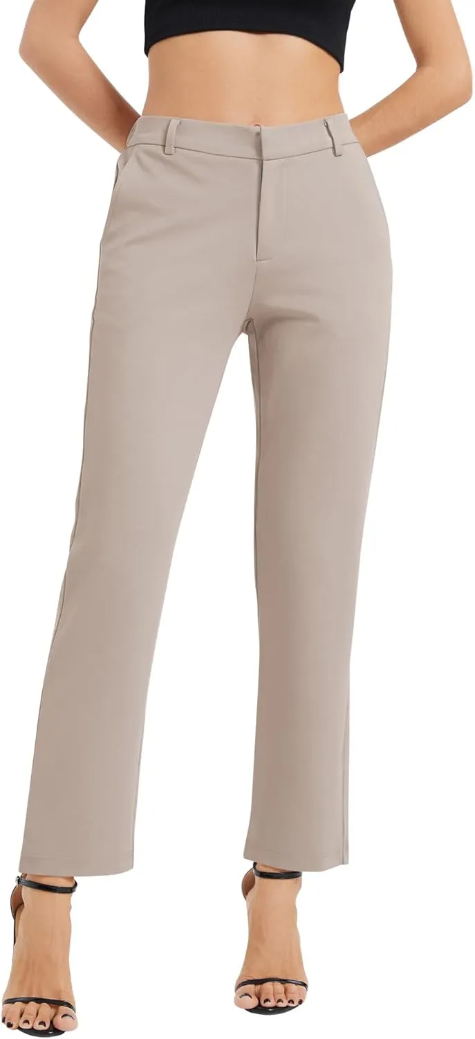 Women's Elastic Waisted Pants Business Work Casual Straight Leg Slacks with Pockets