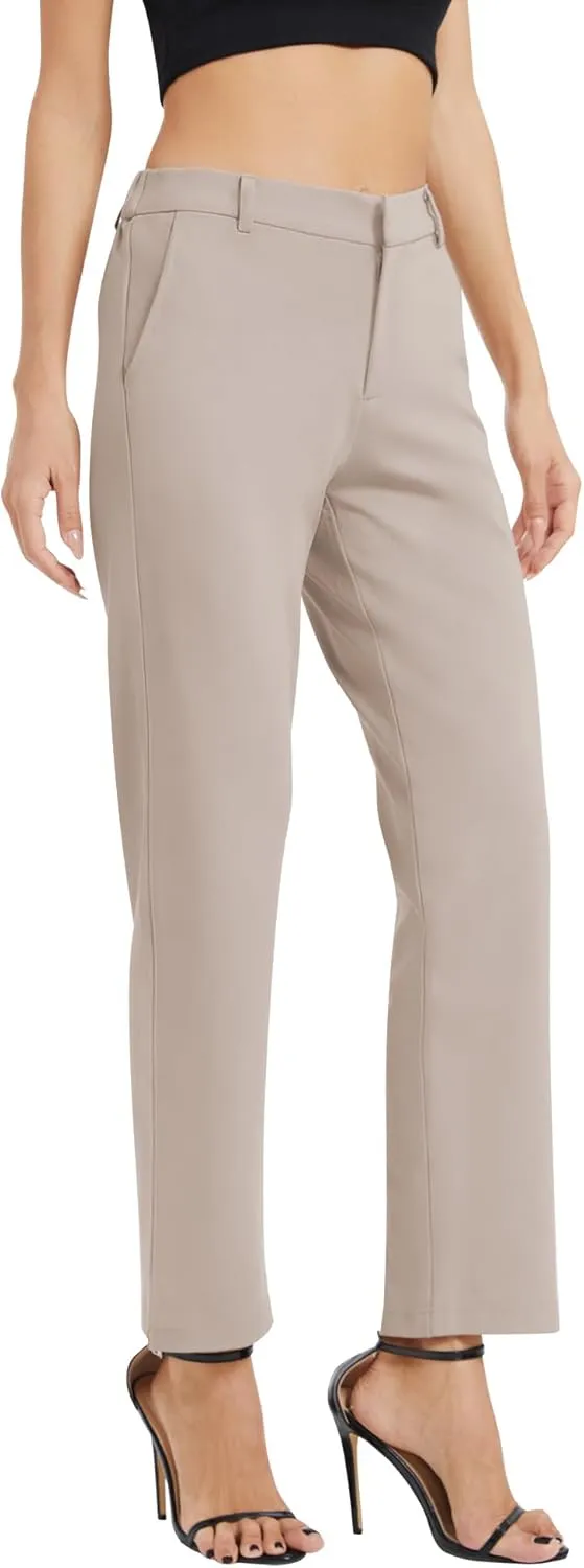 Women's Elastic Waisted Pants Business Work Casual Straight Leg Slacks with Pockets