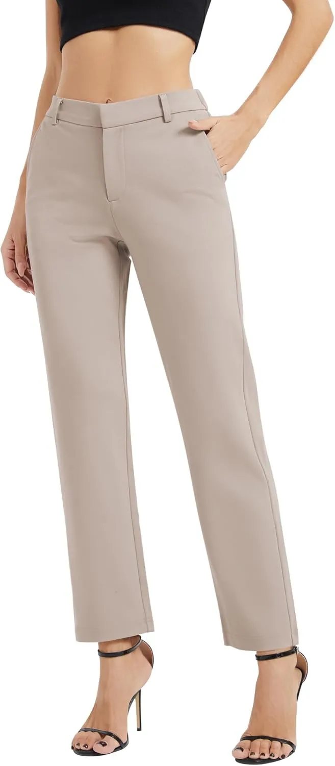 Women's Elastic Waisted Pants Business Work Casual Straight Leg Slacks with Pockets