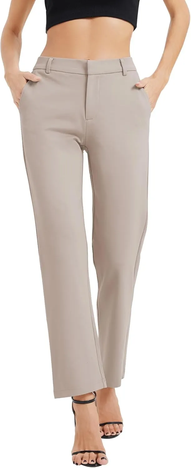 Women's Elastic Waisted Pants Business Work Casual Straight Leg Slacks with Pockets