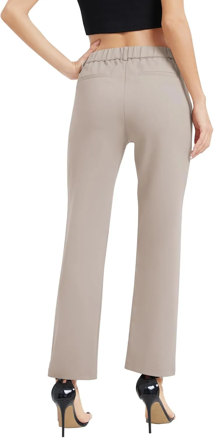 Women's Elastic Waisted Pants Business Work Casual Straight Leg Slacks with Pockets