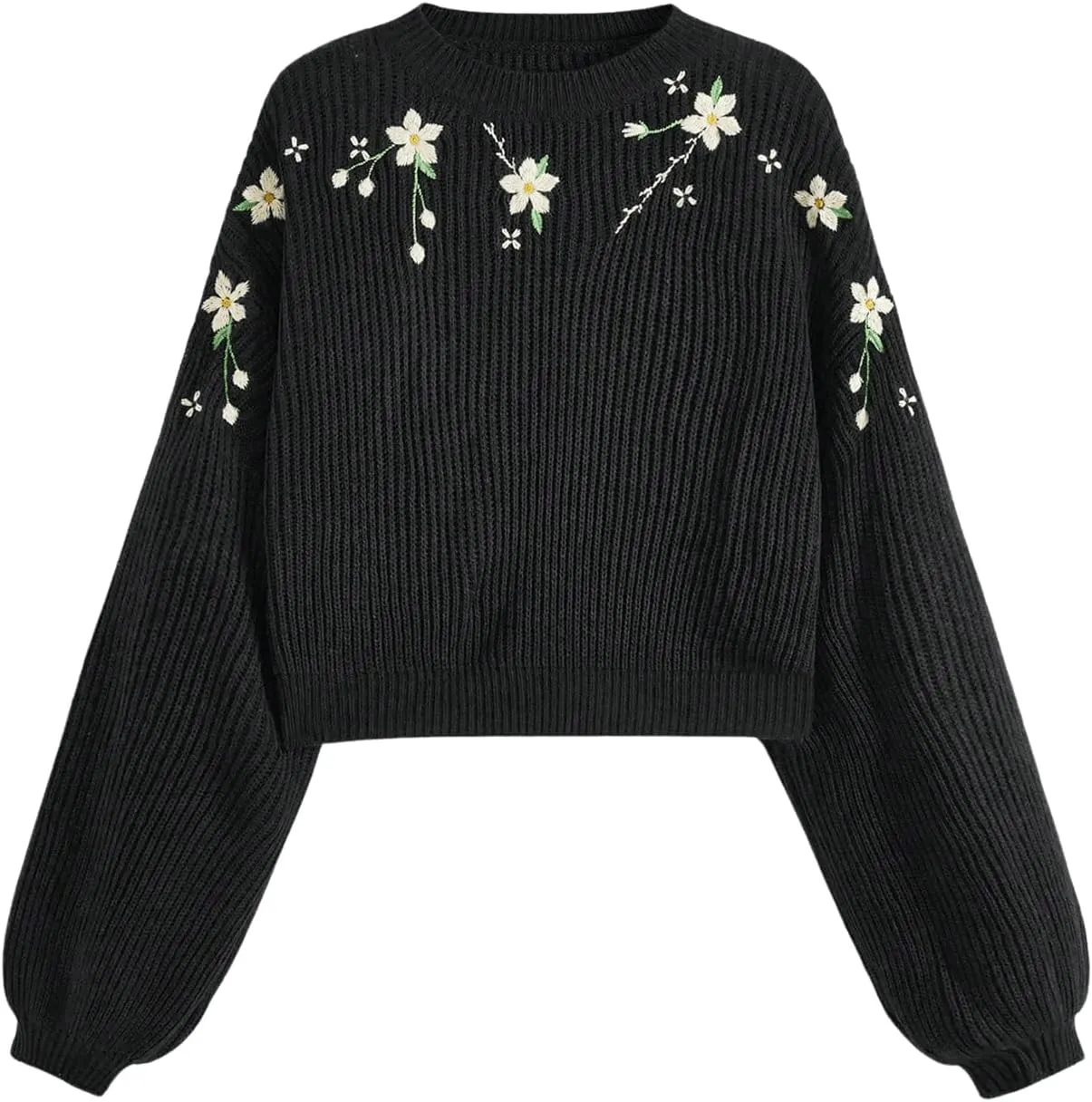 Women's Floral Embroidered Sweaters Crewneck Sweaters Long Sleeve Knitted Top Pullovers