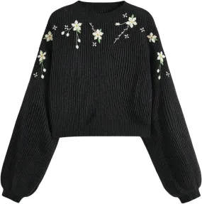 Women's Floral Embroidered Sweaters Crewneck Sweaters Long Sleeve Knitted Top Pullovers