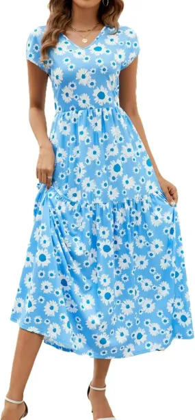 Women's Floral V Neck Maxi Dress with Short Sleeve Sexy Elegant Floral Collection Dress
