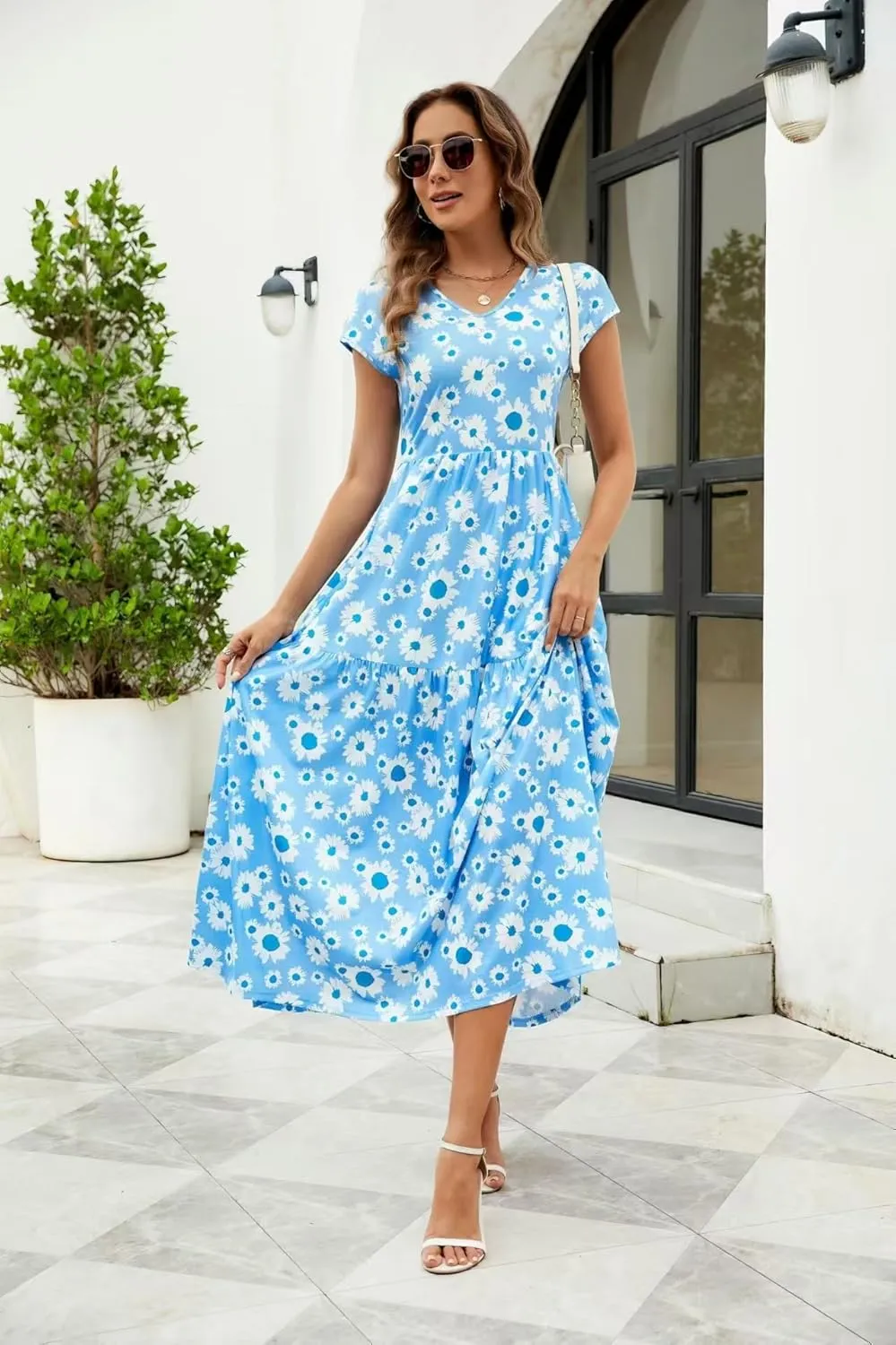 Women's Floral V Neck Maxi Dress with Short Sleeve Sexy Elegant Floral Collection Dress
