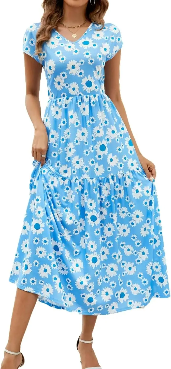 Women's Floral V Neck Maxi Dress with Short Sleeve Sexy Elegant Floral Collection Dress