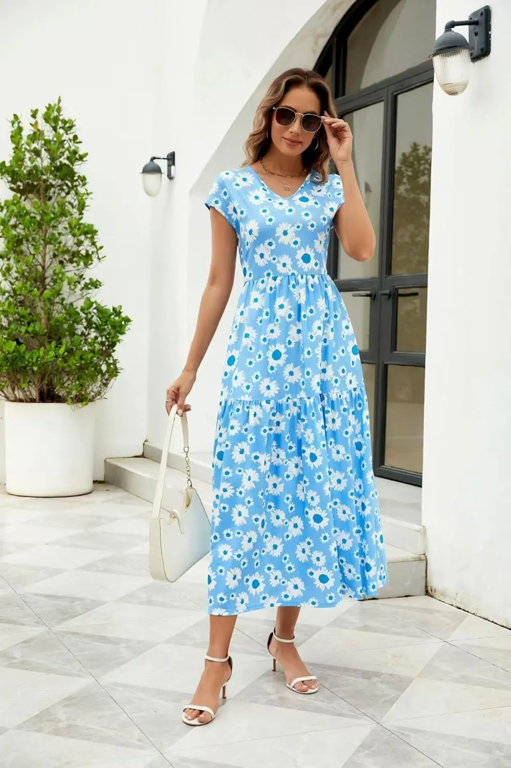 Women's Floral V Neck Maxi Dress with Short Sleeve Sexy Elegant Floral Collection Dress