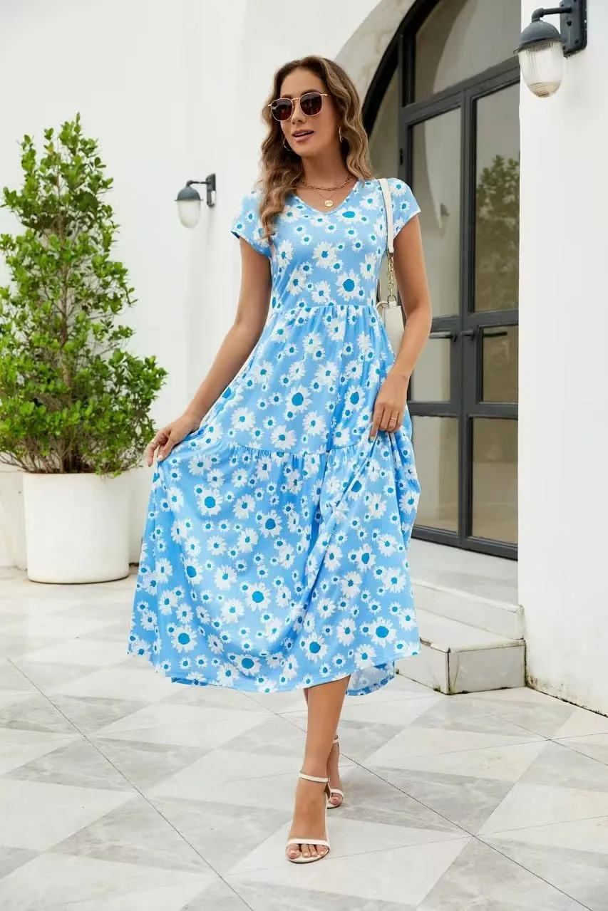 Women's Floral V Neck Maxi Dress with Short Sleeve Sexy Elegant Floral Collection Dress