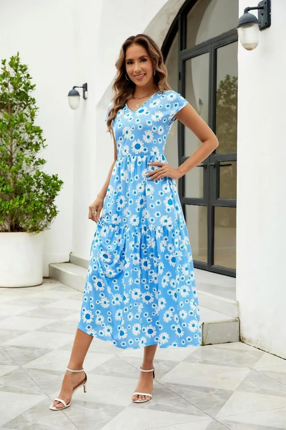 Women's Floral V Neck Maxi Dress with Short Sleeve Sexy Elegant Floral Collection Dress