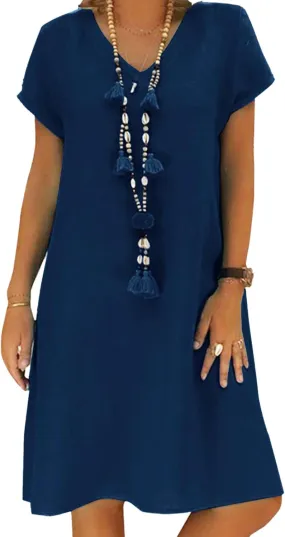 Women's Green Cotton Linen Knee-Length Summer Beach Dress with Pockets