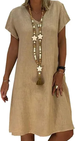 Women's Green Cotton Linen Knee-Length Summer Beach Dress with Pockets