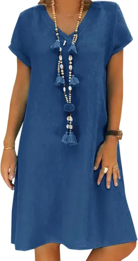 Women's Green Cotton Linen Knee-Length Summer Beach Dress with Pockets