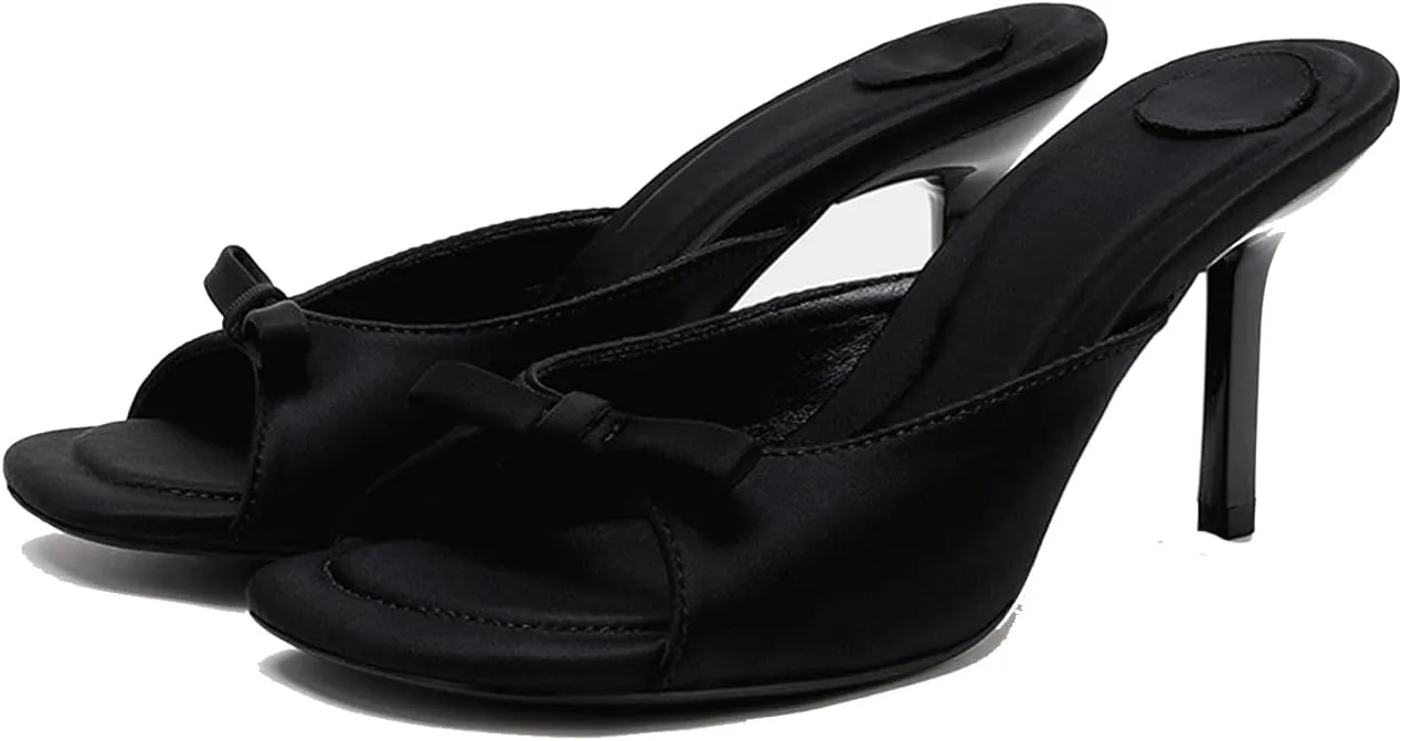 Womens Kitten Heels Bow Mesh Sandals