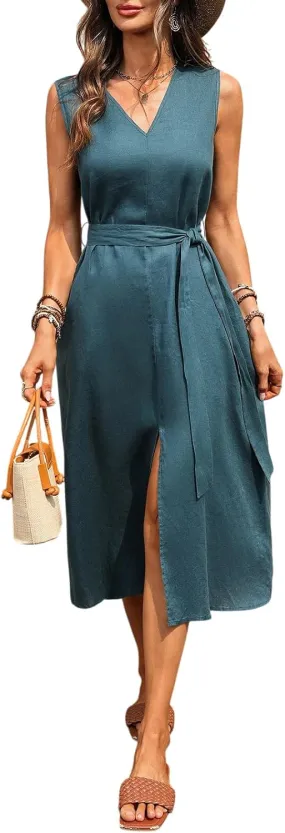 Women's Linen Midi Dress V Neck Sleeveless Waist Belt Slit Dresses with Pockets 100% Linen