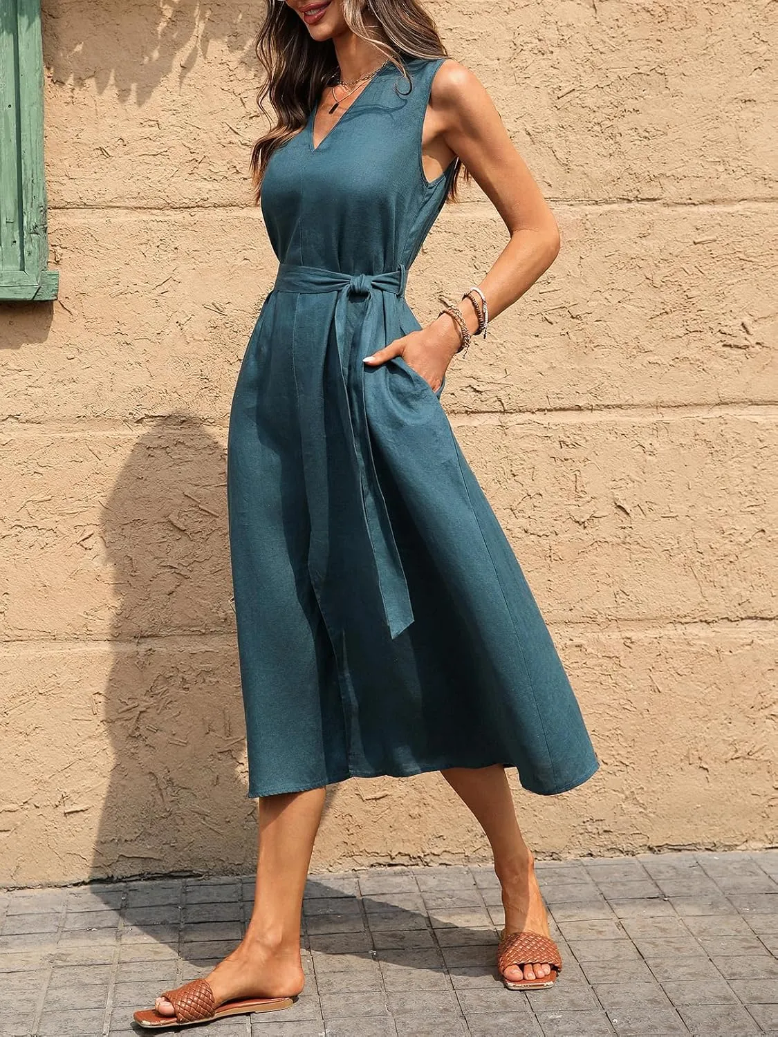 Women's Linen Midi Dress V Neck Sleeveless Waist Belt Slit Dresses with Pockets 100% Linen