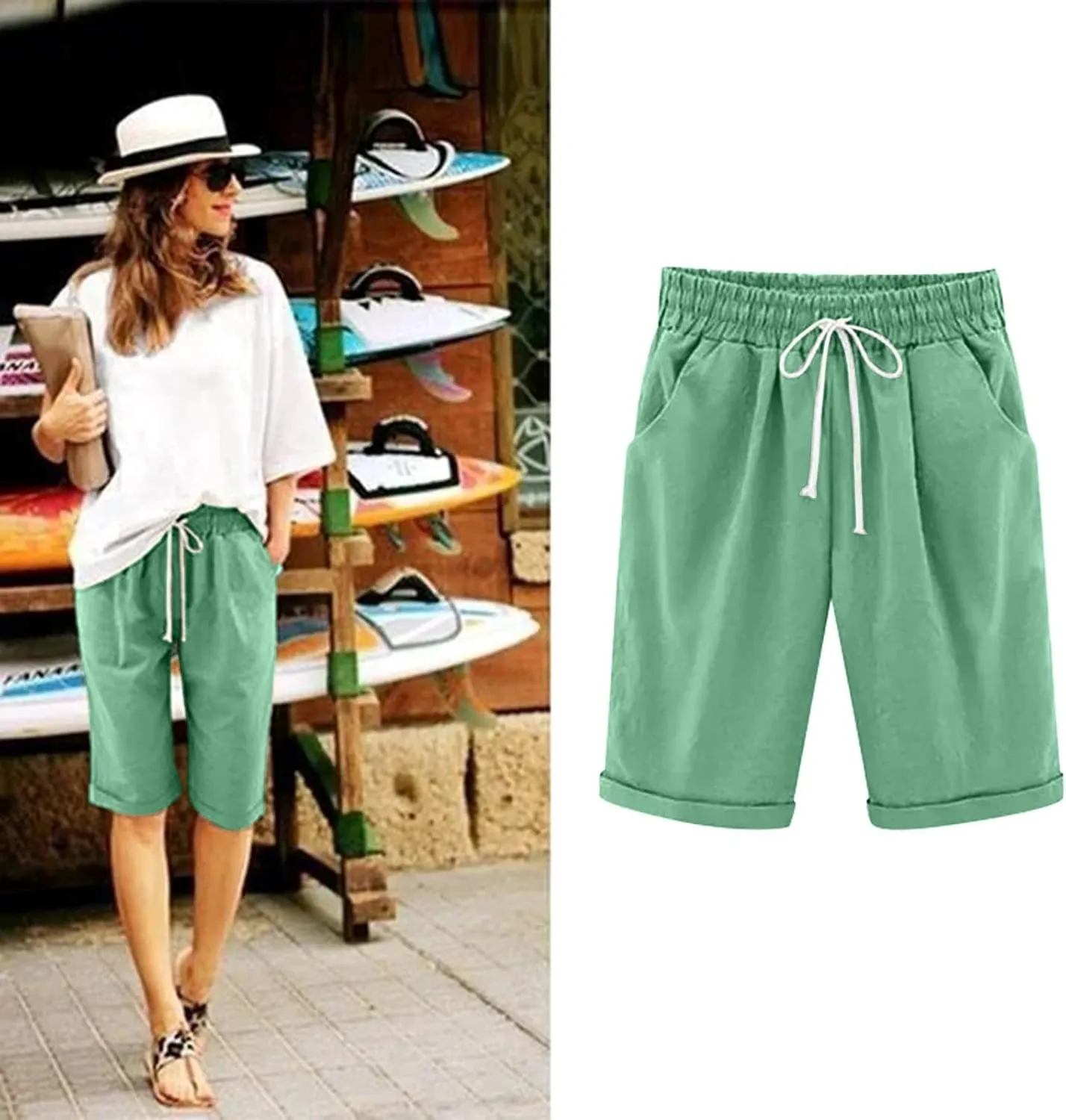 Womens Linen Shorts Casual Summer Womens Bermuda Linen Shorts Knee Length Elastic Waist Drawstring Beach Pants