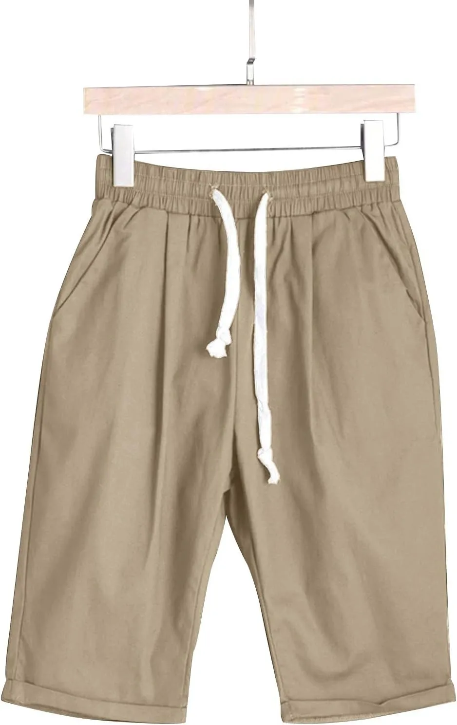 Womens Linen Shorts Casual Summer Womens Bermuda Linen Shorts Knee Length Elastic Waist Drawstring Beach Pants