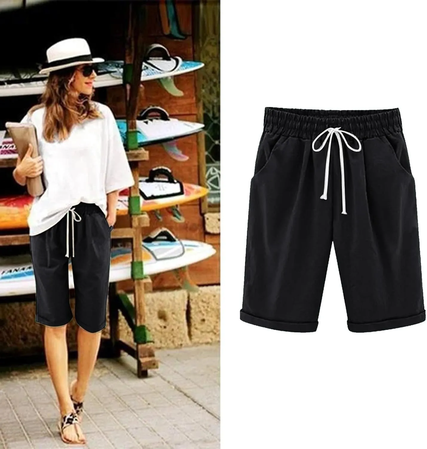 Womens Linen Shorts Casual Summer Womens Bermuda Linen Shorts Knee Length Elastic Waist Drawstring Beach Pants