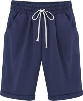 Womens Linen Shorts Casual Summer Womens Bermuda Linen Shorts Knee Length Elastic Waist Drawstring Beach Pants