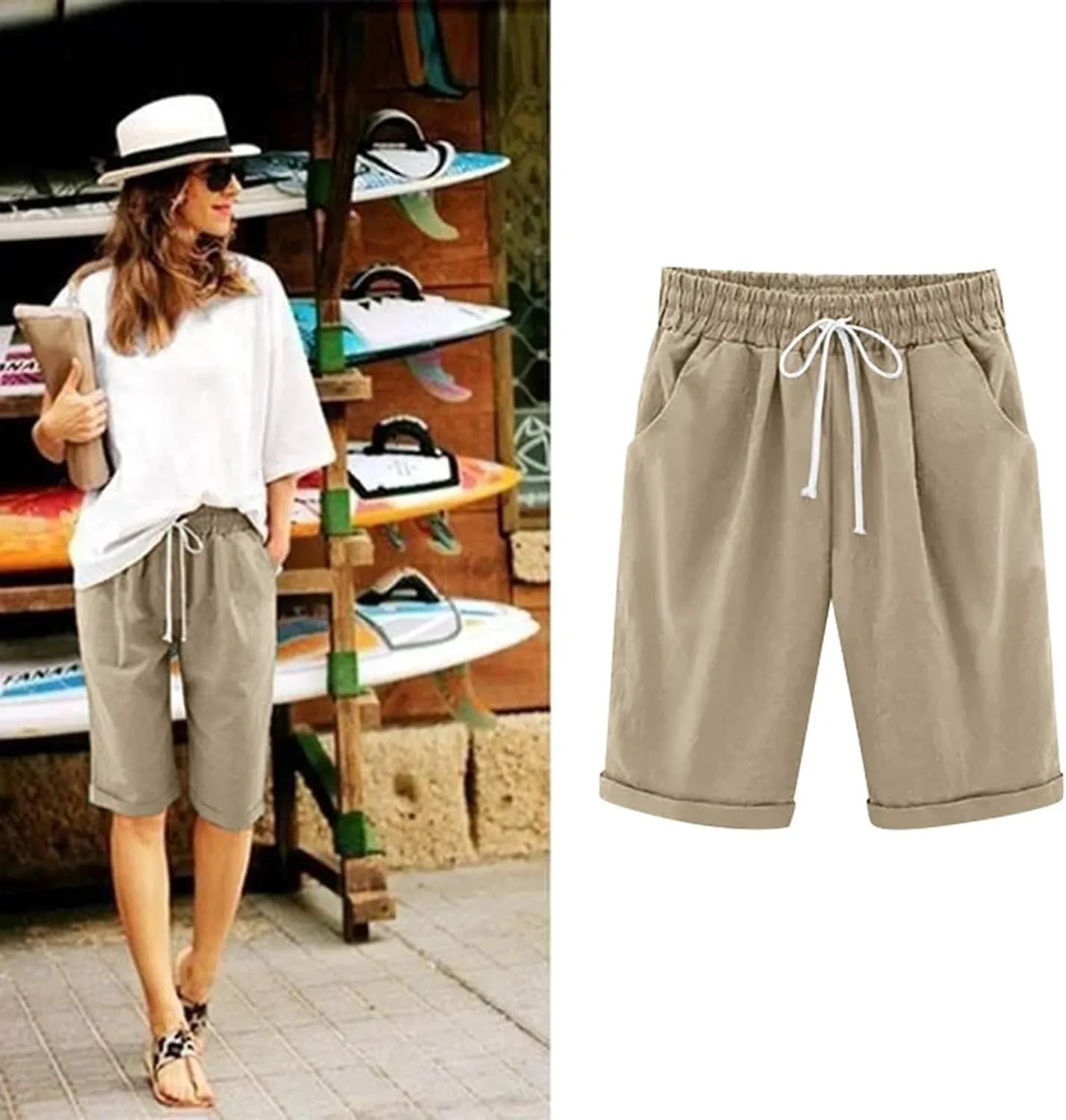 Womens Linen Shorts Casual Summer Womens Bermuda Linen Shorts Knee Length Elastic Waist Drawstring Beach Pants
