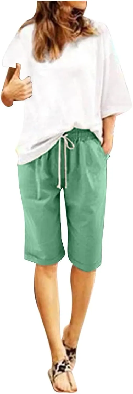 Womens Linen Shorts Casual Summer Womens Bermuda Linen Shorts Knee Length Elastic Waist Drawstring Beach Pants