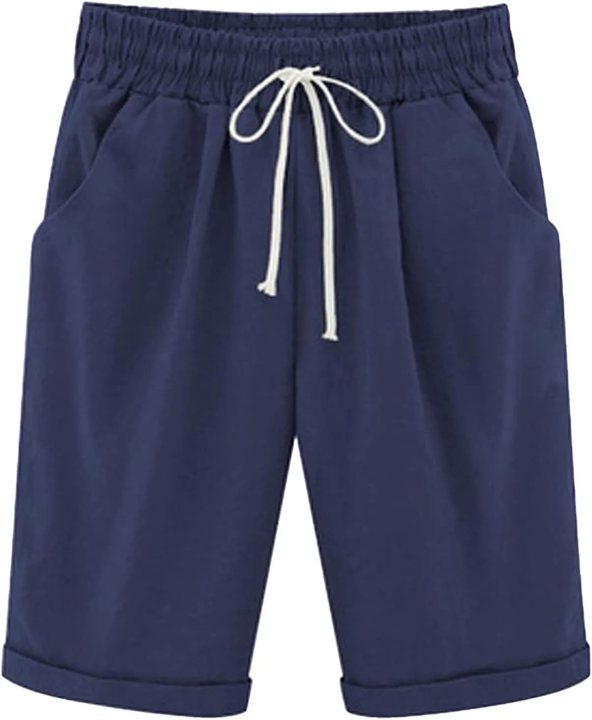 Womens Linen Shorts Casual Summer Womens Bermuda Linen Shorts Knee Length Elastic Waist Drawstring Beach Pants