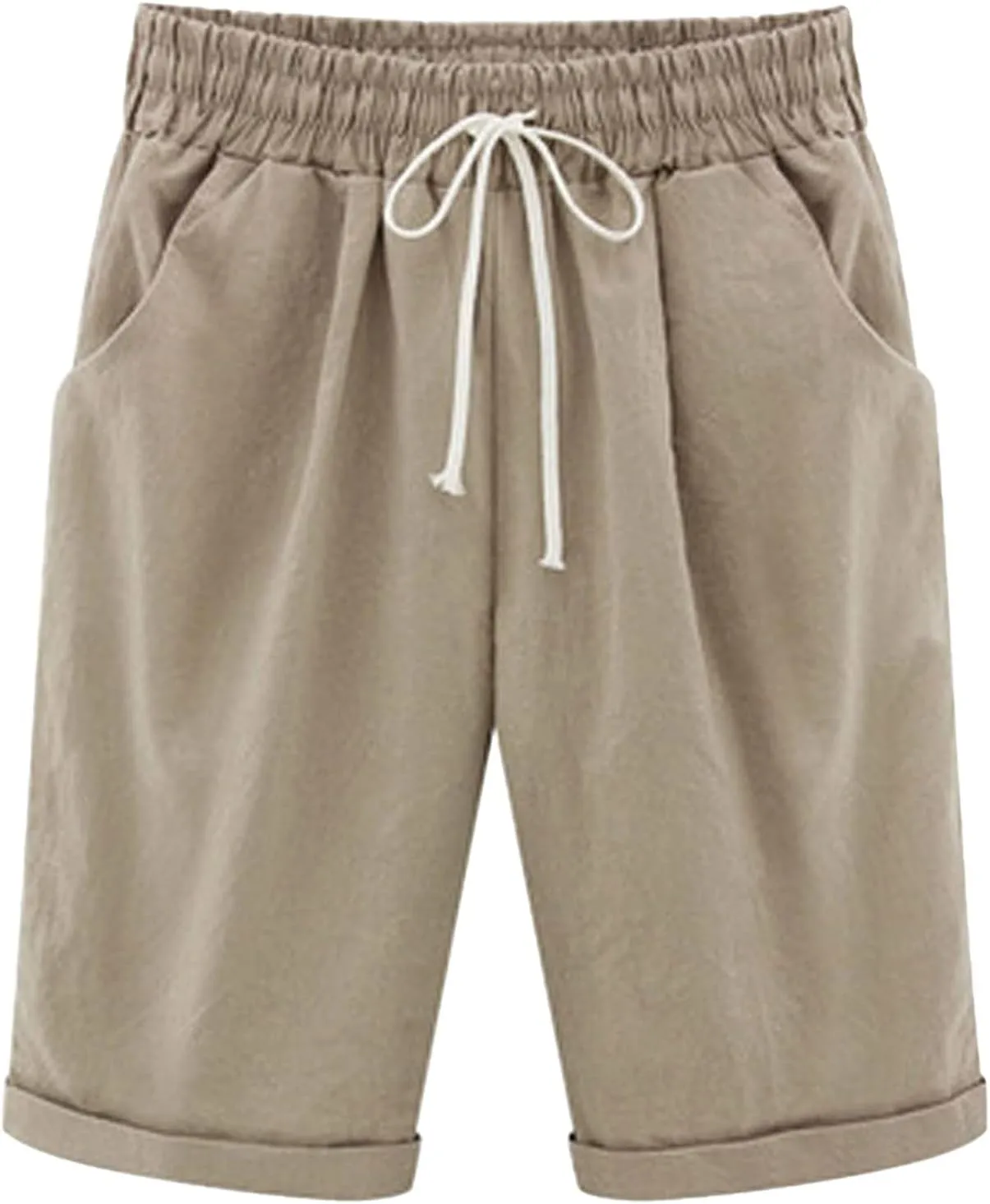 Womens Linen Shorts Casual Summer Womens Bermuda Linen Shorts Knee Length Elastic Waist Drawstring Beach Pants