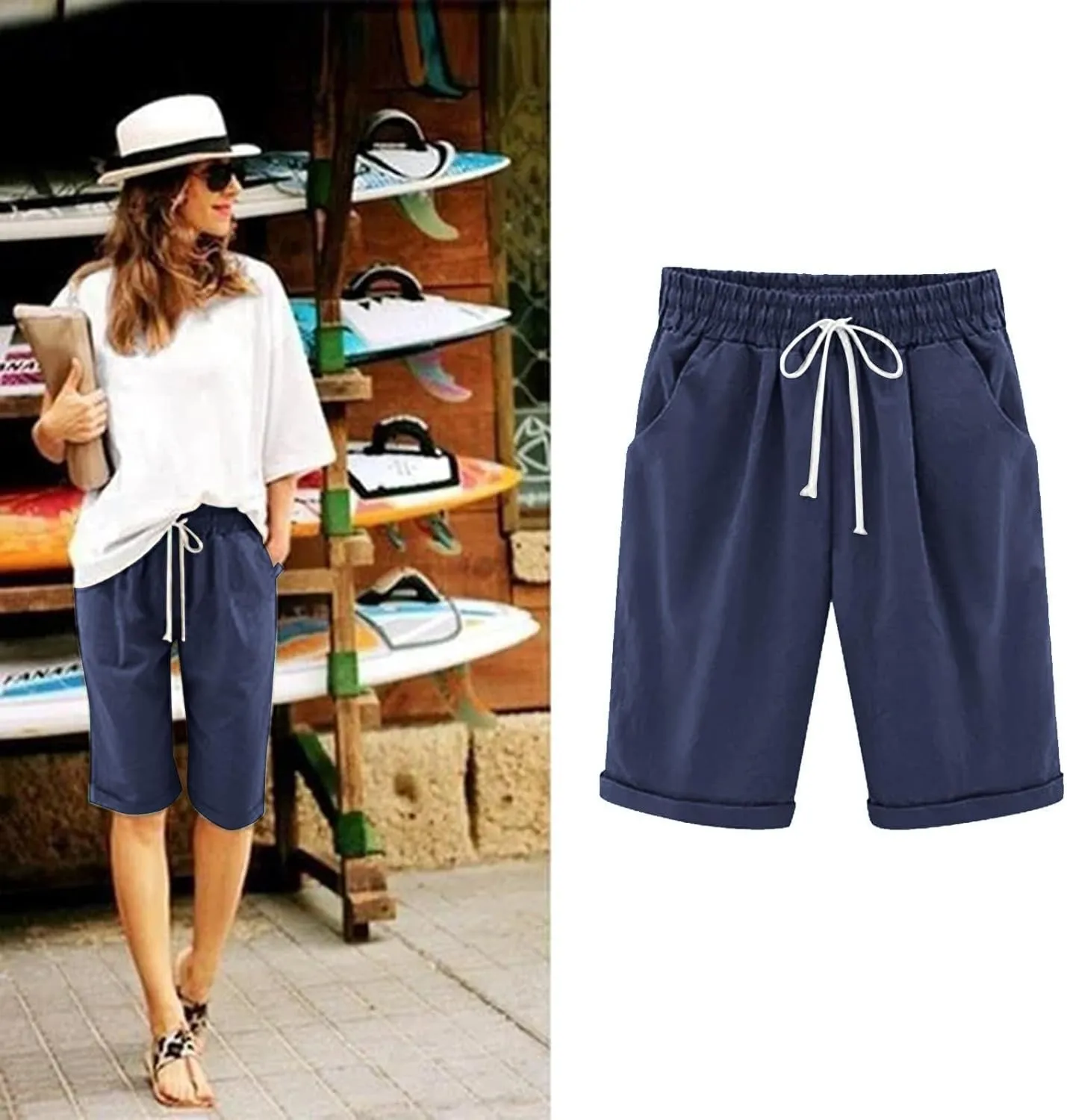 Womens Linen Shorts Casual Summer Womens Bermuda Linen Shorts Knee Length Elastic Waist Drawstring Beach Pants