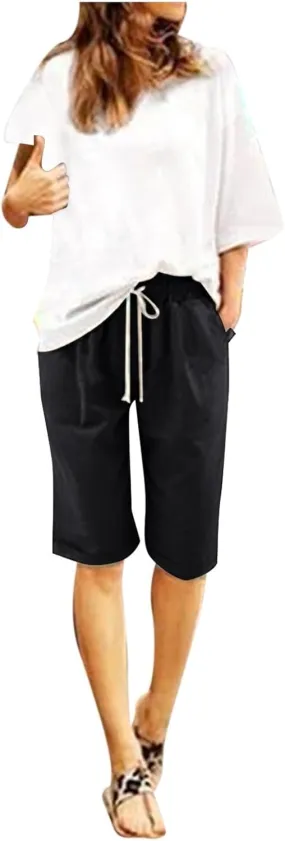 Womens Linen Shorts Casual Summer Womens Bermuda Linen Shorts Knee Length Elastic Waist Drawstring Beach Pants