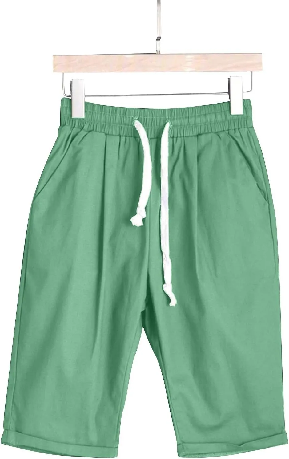 Womens Linen Shorts Casual Summer Womens Bermuda Linen Shorts Knee Length Elastic Waist Drawstring Beach Pants